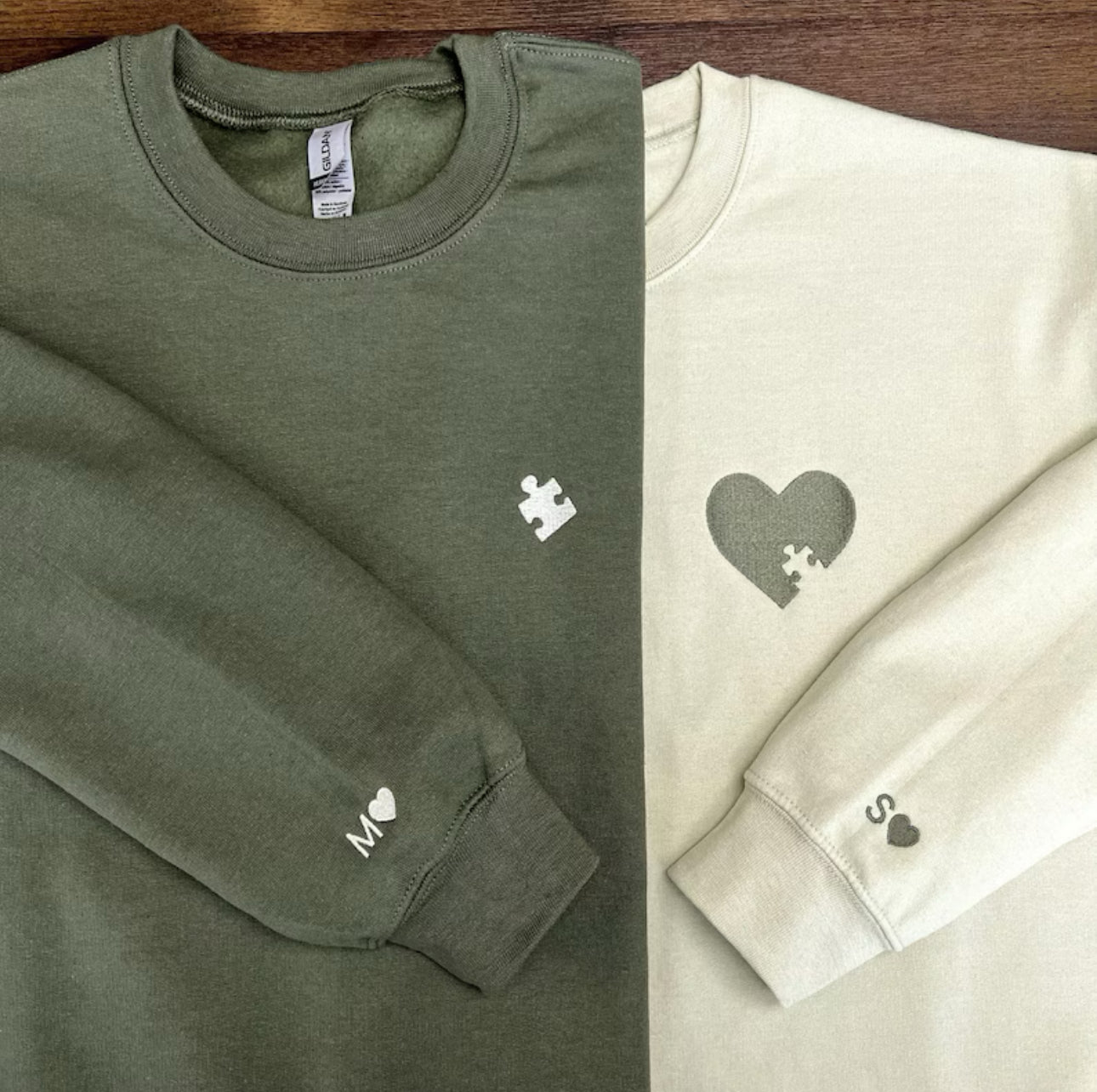 Custom Embroidered Heart and Puzzle Piece Sweatshirt, Initial With Heart On Sleeve.