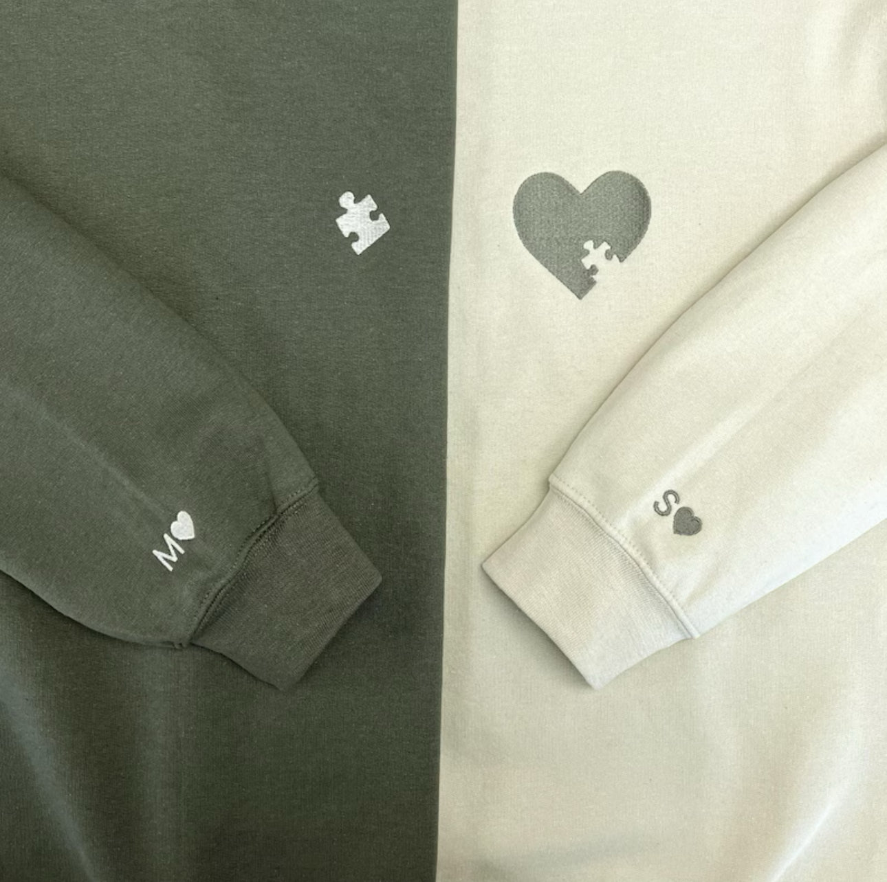 Custom Embroidered Heart and Puzzle Piece Sweatshirt, Initial With Heart On Sleeve.